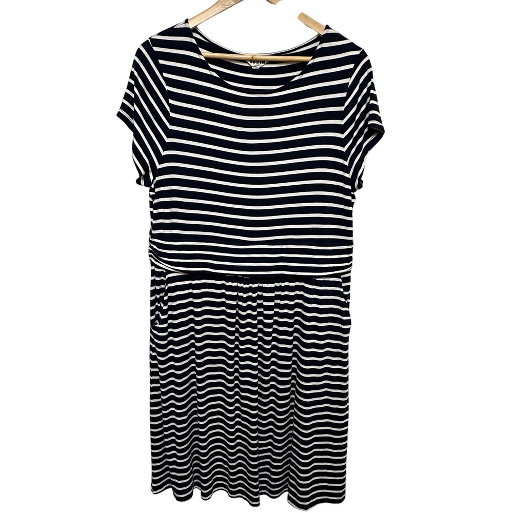 Boden Jersey Dress Women 16-18 Navy White Striped Short Sleeve Pockets Casual
